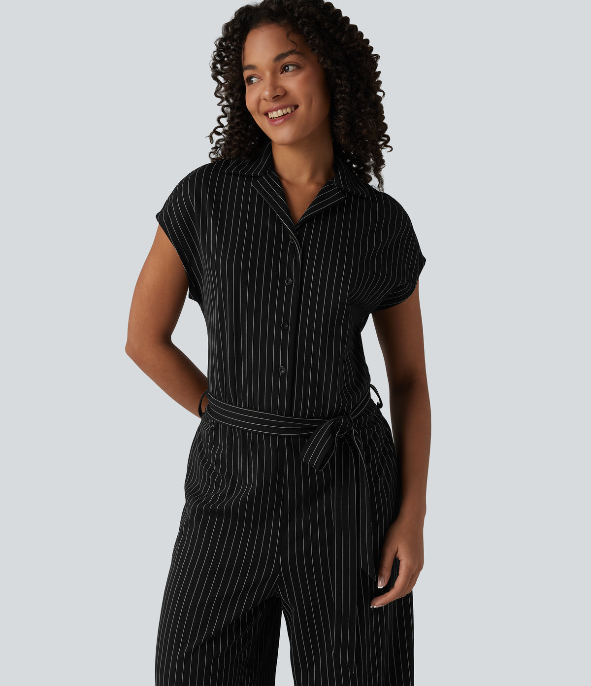 Short Sleeve Belted Stripe InstantCool Work Shirt Jumpsuit with Pockets-Edition — Black White Pinstripe — view 5