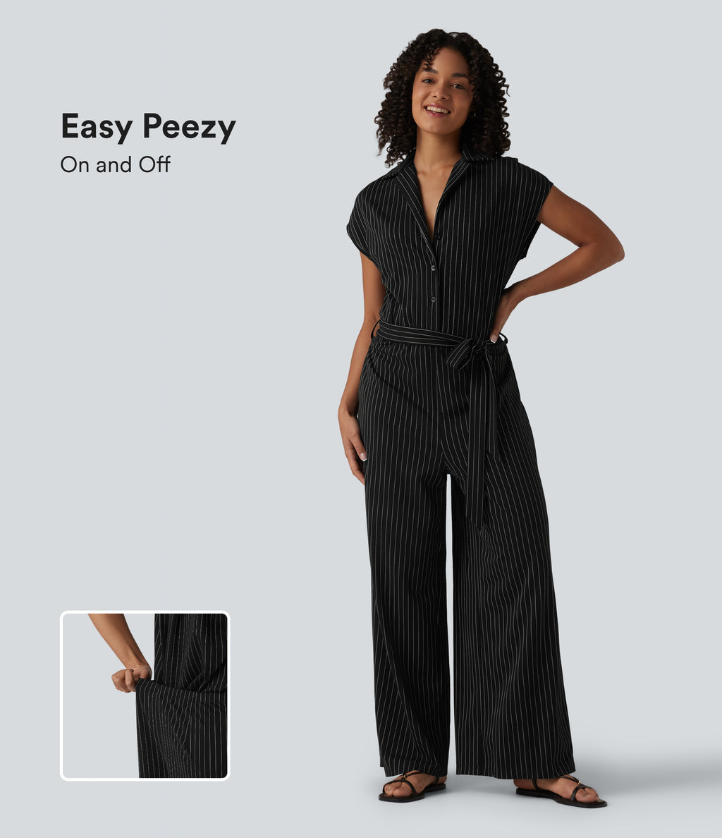 Short Sleeve Belted Stripe InstantCool Work Shirt Jumpsuit with Pockets-Edition — Black White Pinstripe — view 1