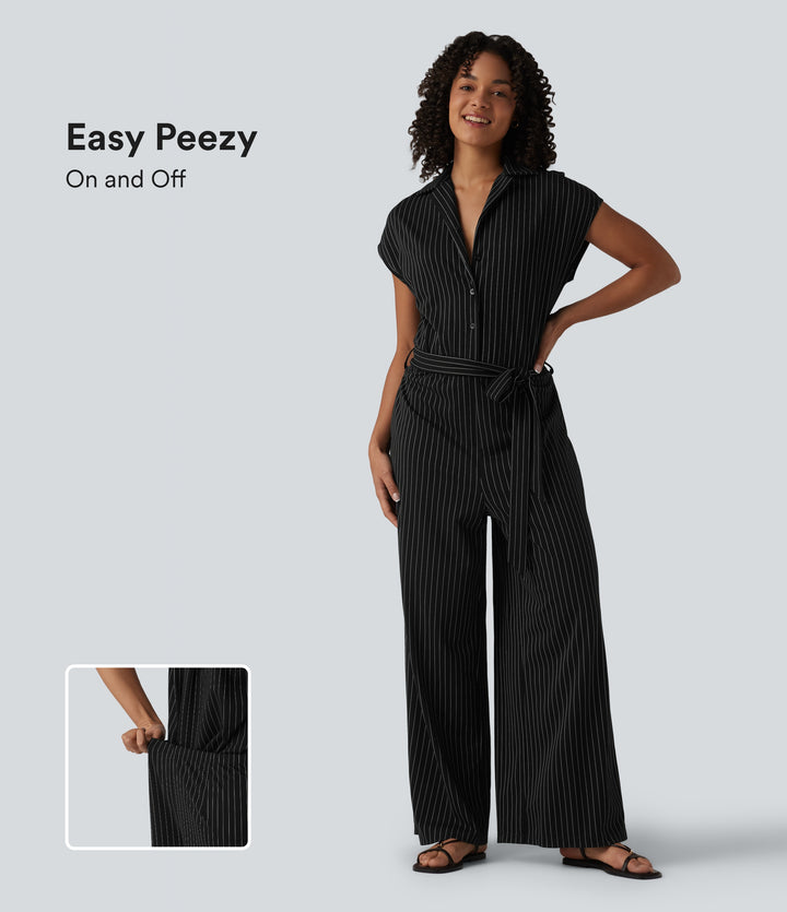 Short Sleeve Belted Stripe InstantCool Work Shirt Jumpsuit with Pockets-Edition — Black White Pinstripe — view 1