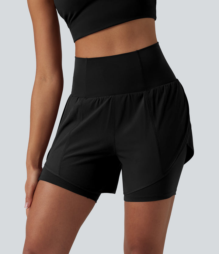 Super High Waisted Curved Hem 2-in-1 Quick Dry Yoga Shorts 5'' with Pocket — Black — view 1