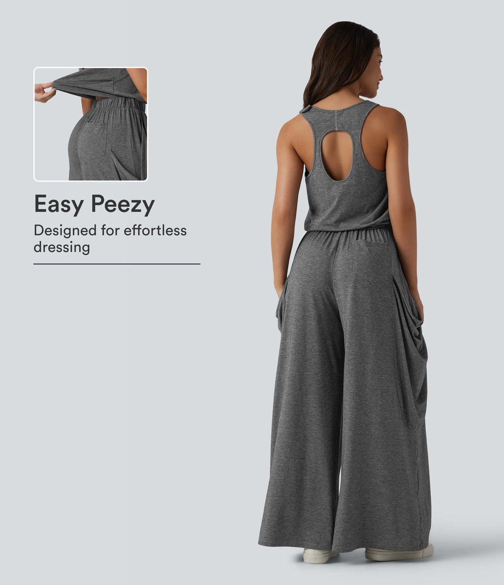 Sleeveless Cut Out Wide Leg Casual Jumpsuit with Pockets-Edition — Darl Gray Floral Yarn — view 1