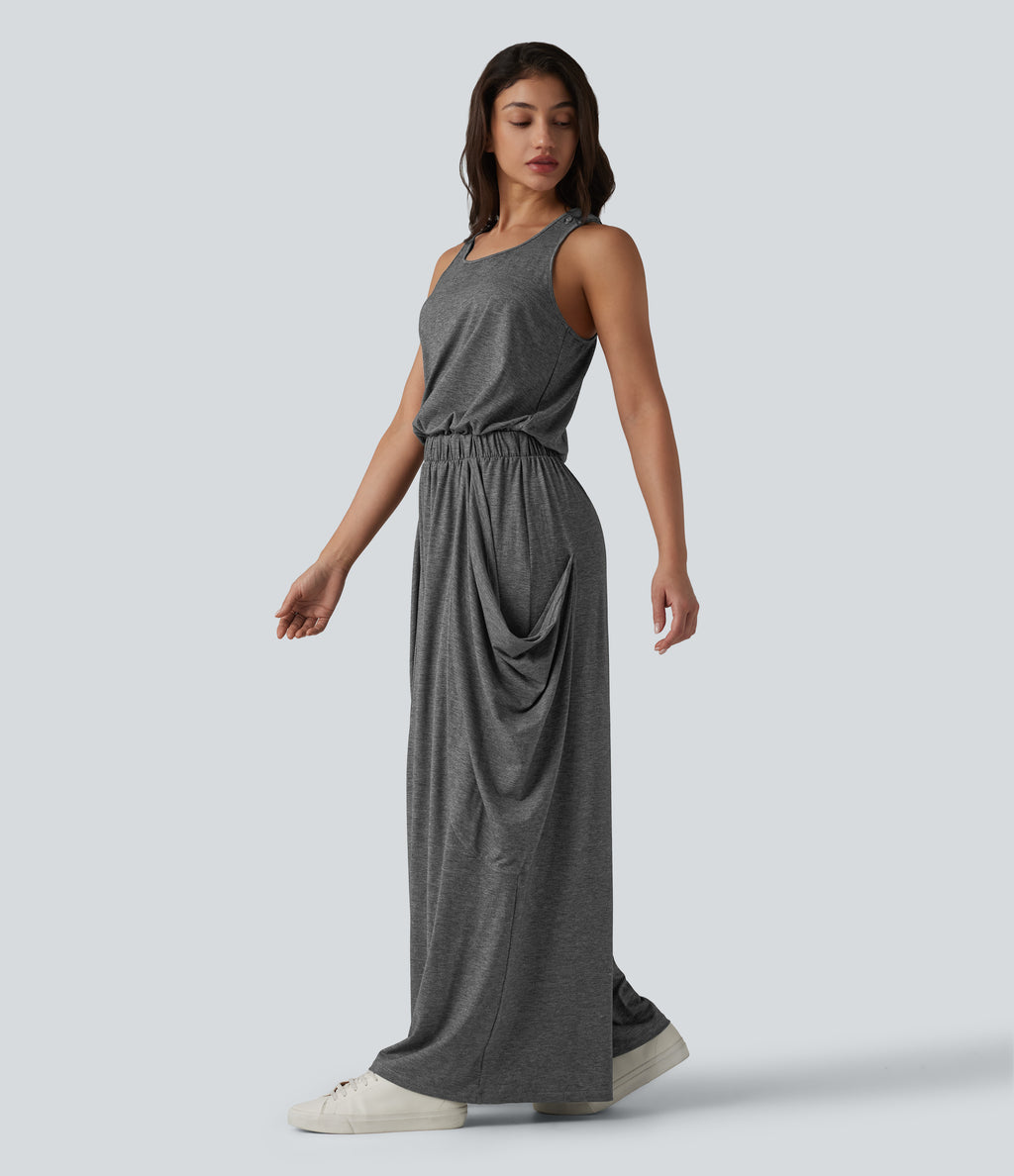 Sleeveless Cut Out Wide Leg Casual Jumpsuit with Pockets-Edition — Darl Gray Floral Yarn — view 3