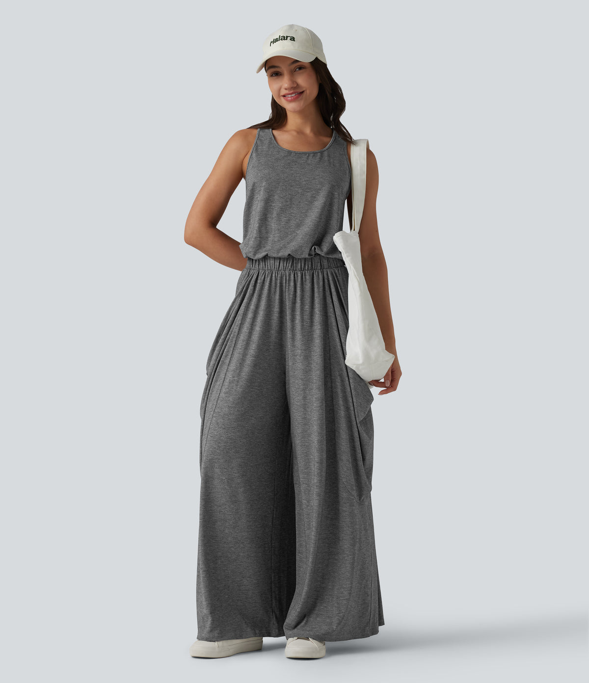 Sleeveless Cut Out Wide Leg Casual Jumpsuit with Pockets-Edition — Darl Gray Floral Yarn — view 8