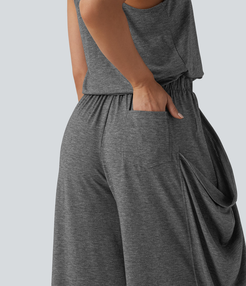 Sleeveless Cut Out Wide Leg Casual Jumpsuit with Pockets-Edition — Darl Gray Floral Yarn — view 6