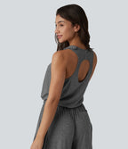 Sleeveless Cut Out Wide Leg Casual Jumpsuit with Pockets-Edition — Darl Gray Floral Yarn — view 4