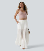 Mid Rise 2-in-1 Flowy Baggy Trousers with Pockets — Jasmine White — view 7