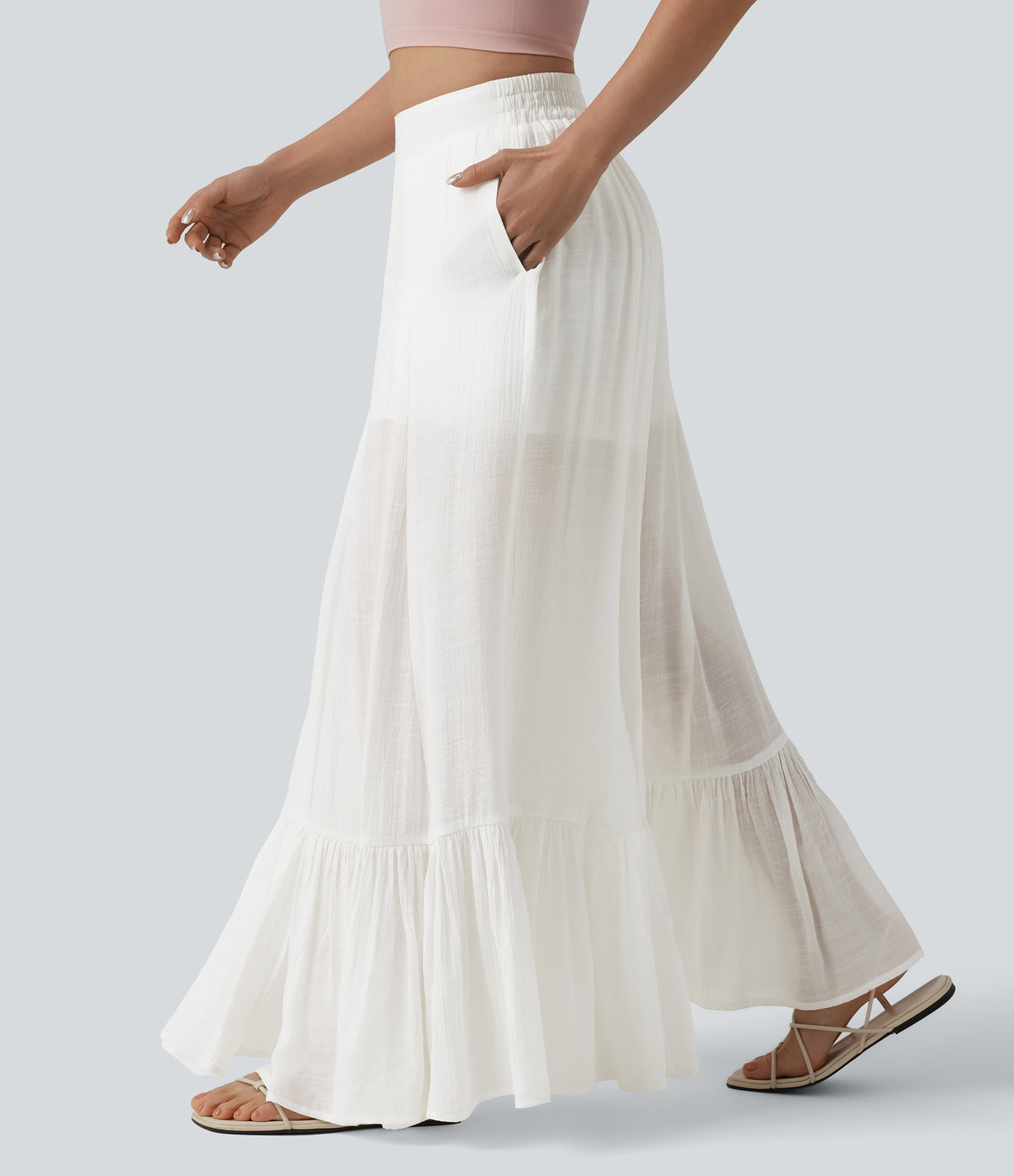 Mid Rise 2-in-1 Flowy Baggy Trousers with Pockets — Jasmine White — view 3