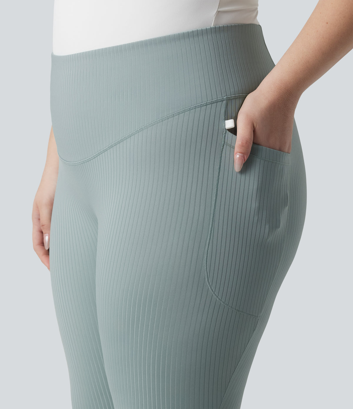 Plus Size Ribbed Knit High Waisted Tummy Control Workout Leggings with Pockets — Silver Blue — view 5
