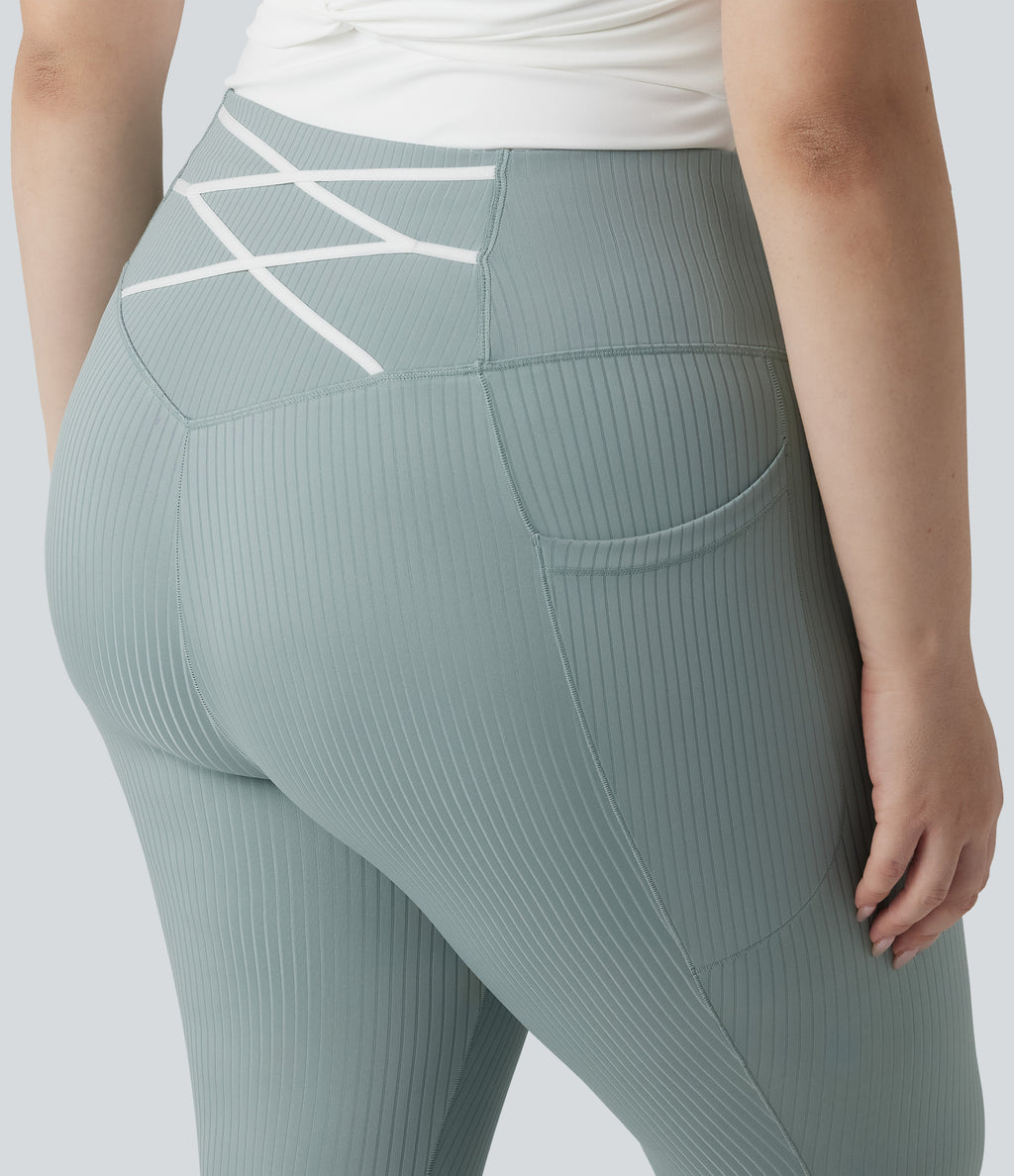 Plus Size Ribbed Knit High Waisted Tummy Control Workout Leggings with Pockets — Silver Blue — view 4