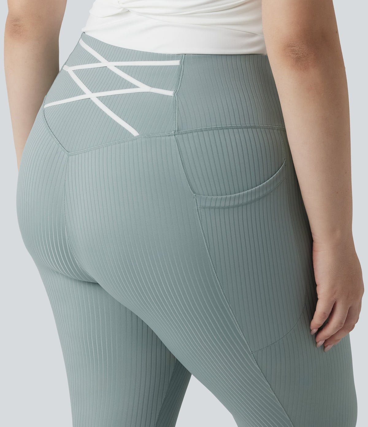 Plus Size Ribbed Knit High Waisted Tummy Control Workout Leggings with Pockets — Silver Blue — view 4