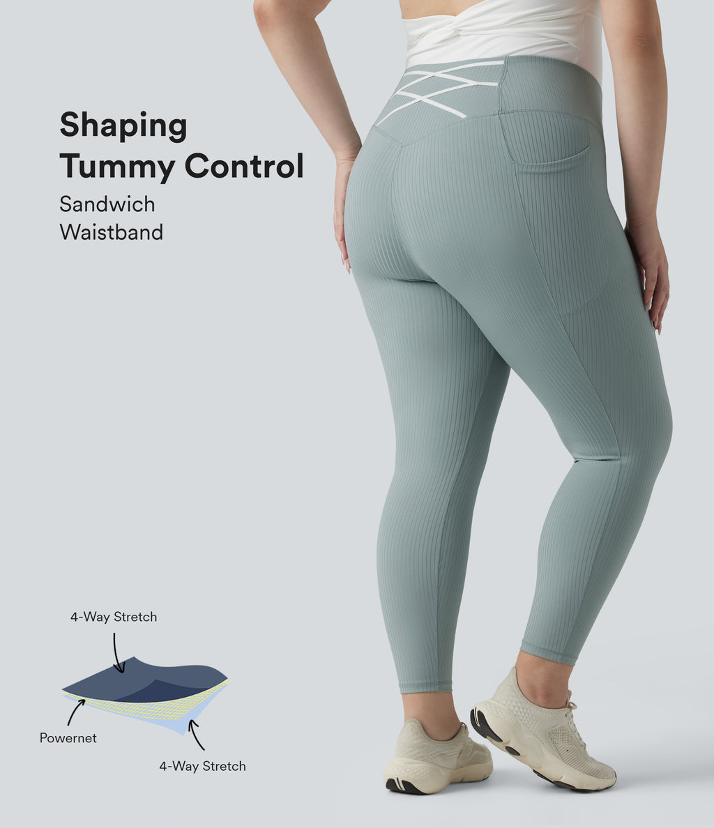 Plus Size Ribbed Knit High Waisted Tummy Control Workout Leggings with Pockets — Silver Blue — view 1