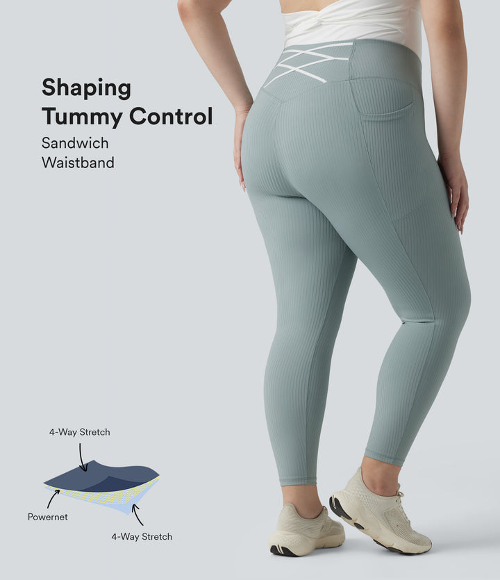 Plus Size Ribbed Knit High Waisted Tummy Control Workout Leggings with Pockets — Silver Blue — view 1