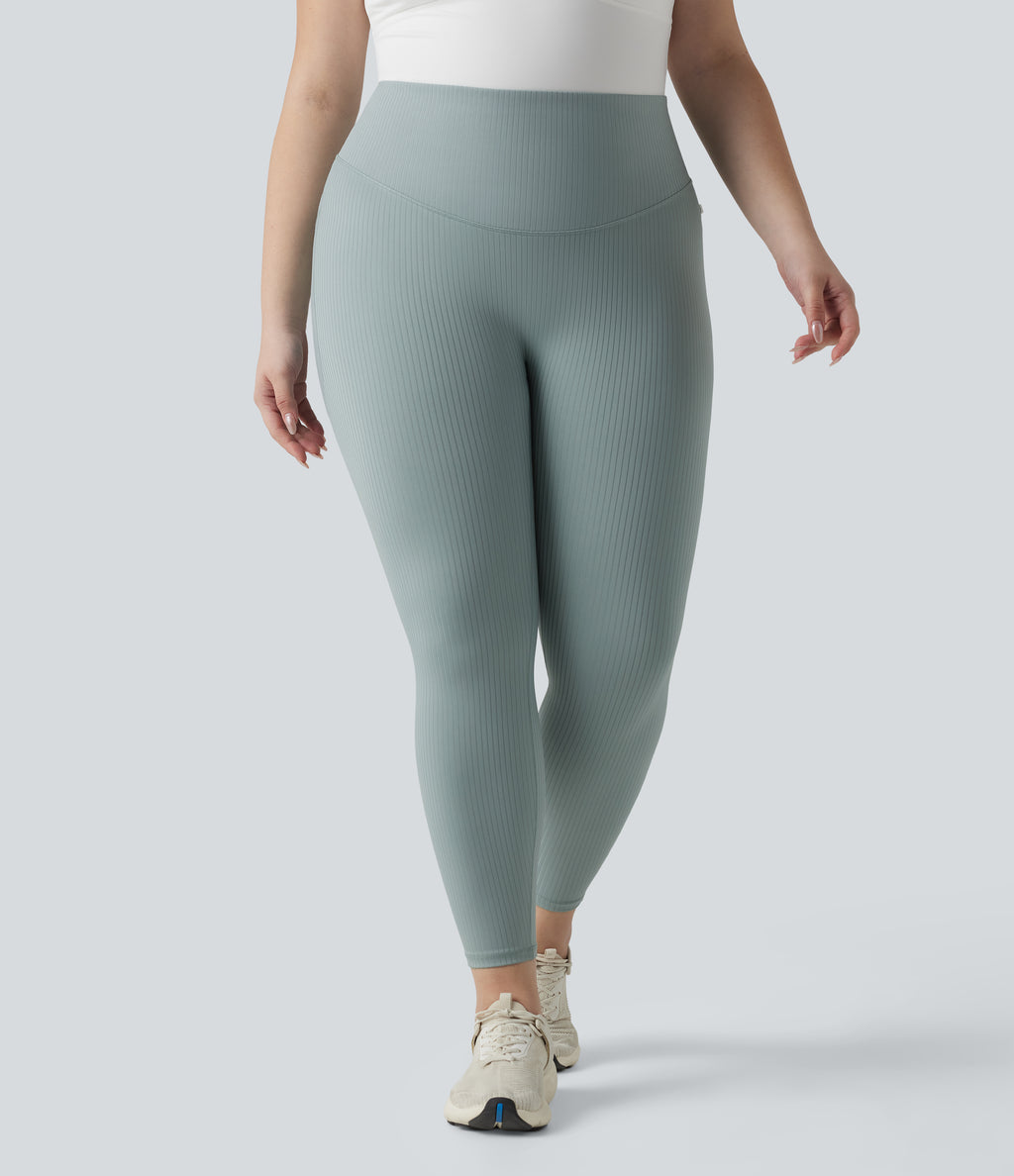 Plus Size Ribbed Knit High Waisted Tummy Control Workout Leggings with Pockets — Silver Blue — view 2