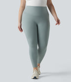 Plus Size Ribbed Knit High Waisted Tummy Control Workout Leggings with Pockets — Silver Blue — view 2