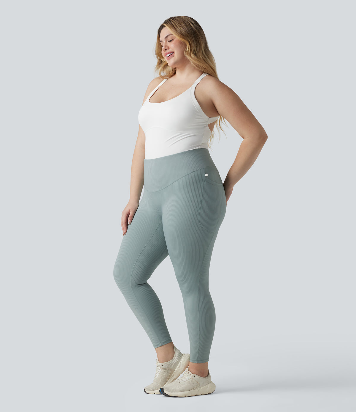 Plus Size Ribbed Knit High Waisted Tummy Control Workout Leggings with Pockets — Silver Blue — view 6