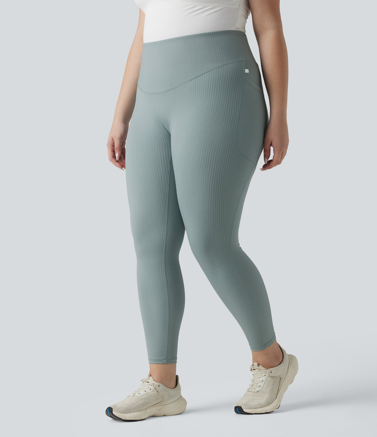Plus Size Ribbed Knit High Waisted Tummy Control Workout Leggings with Pockets — Silver Blue — view 3