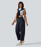 High Waisted Barrel Leg Casual Trousers with Pockets — Midnight Blue — view 8