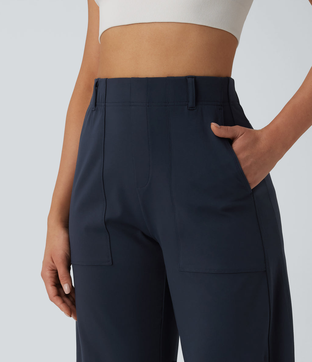 High Waisted Barrel Leg Casual Trousers with Pockets — Midnight Blue — view 7