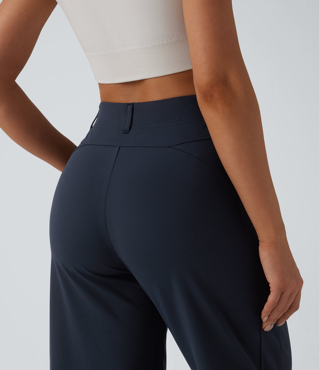 High Waisted Barrel Leg Casual Trousers with Pockets — Midnight Blue — view 6