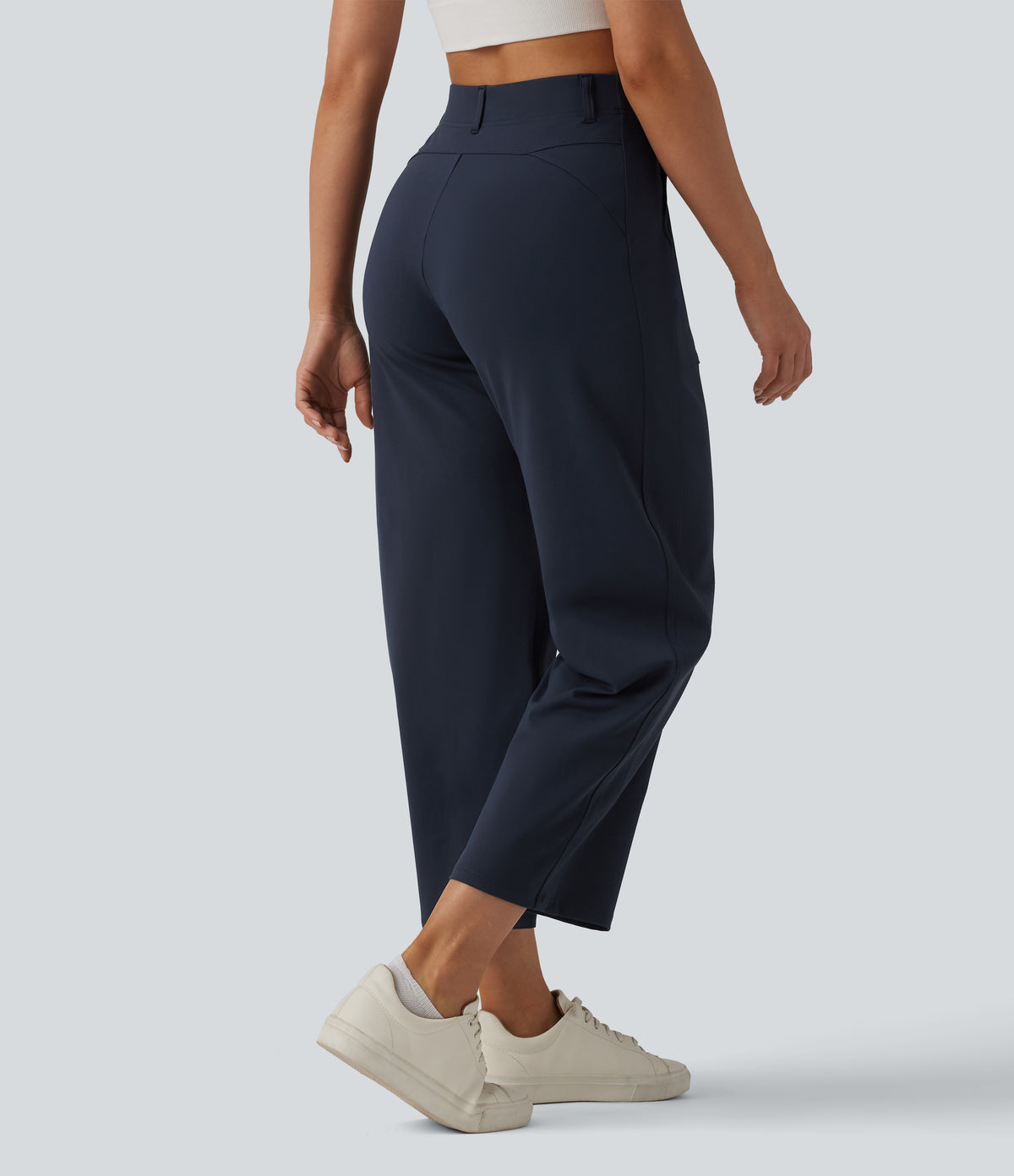 High Waisted Barrel Leg Casual Trousers with Pockets — Midnight Blue — view 2