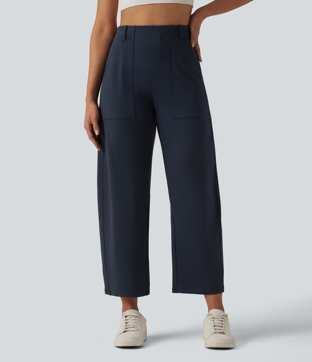 High Waisted Barrel Leg Casual Trousers with Pockets — Midnight Blue — view 1