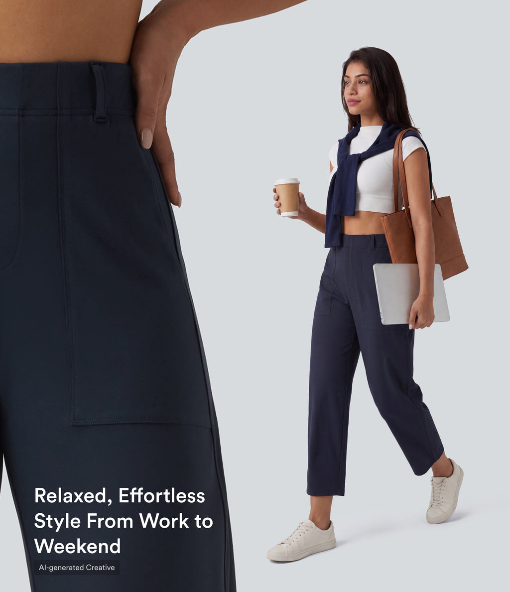 High Waisted Barrel Leg Casual Trousers with Pockets — Midnight Blue — view 4