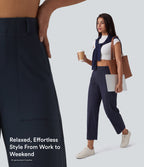 High Waisted Barrel Leg Casual Trousers with Pockets — Midnight Blue — view 4