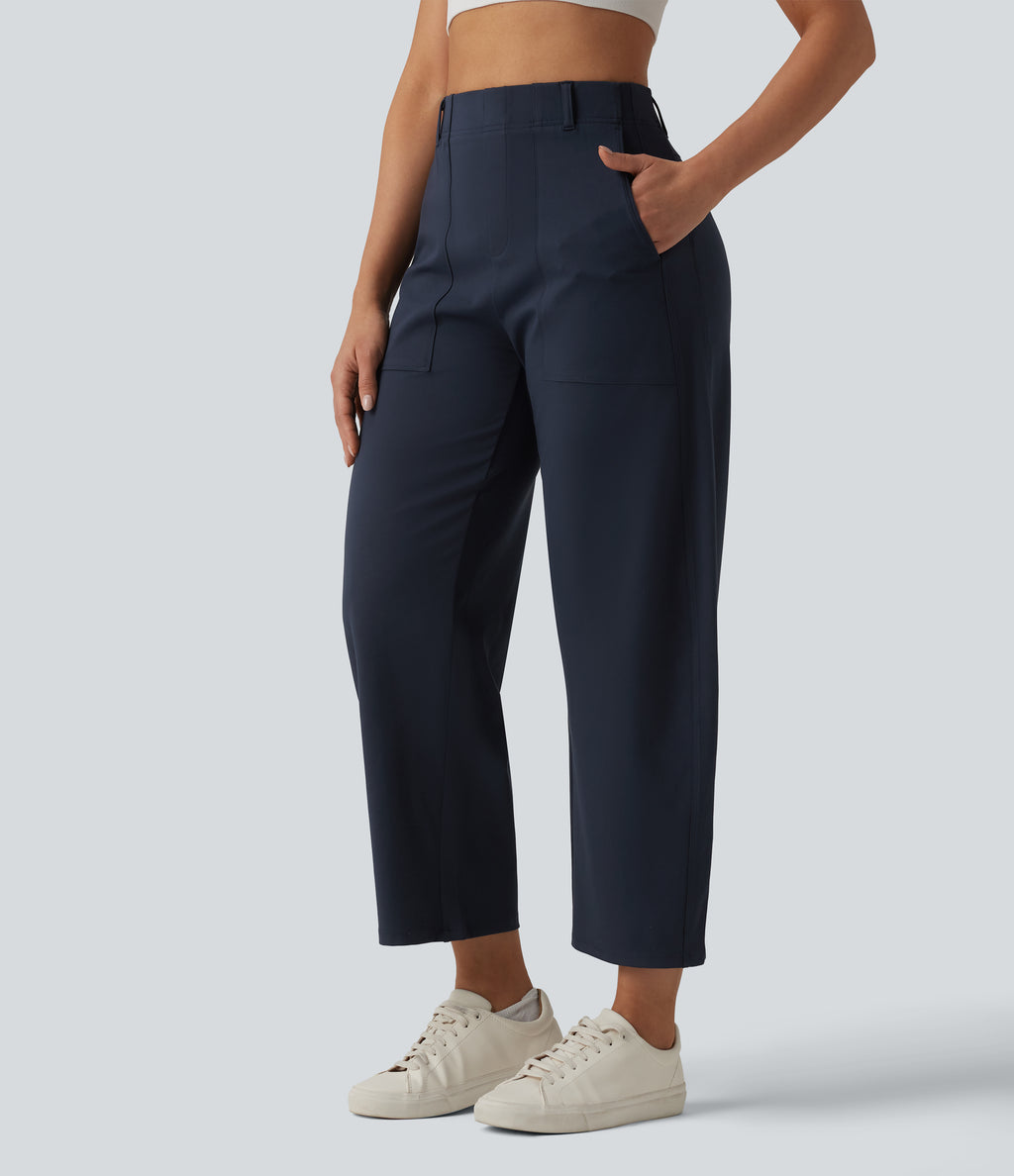 High Waisted Barrel Leg Casual Trousers with Pockets — Midnight Blue — view 3