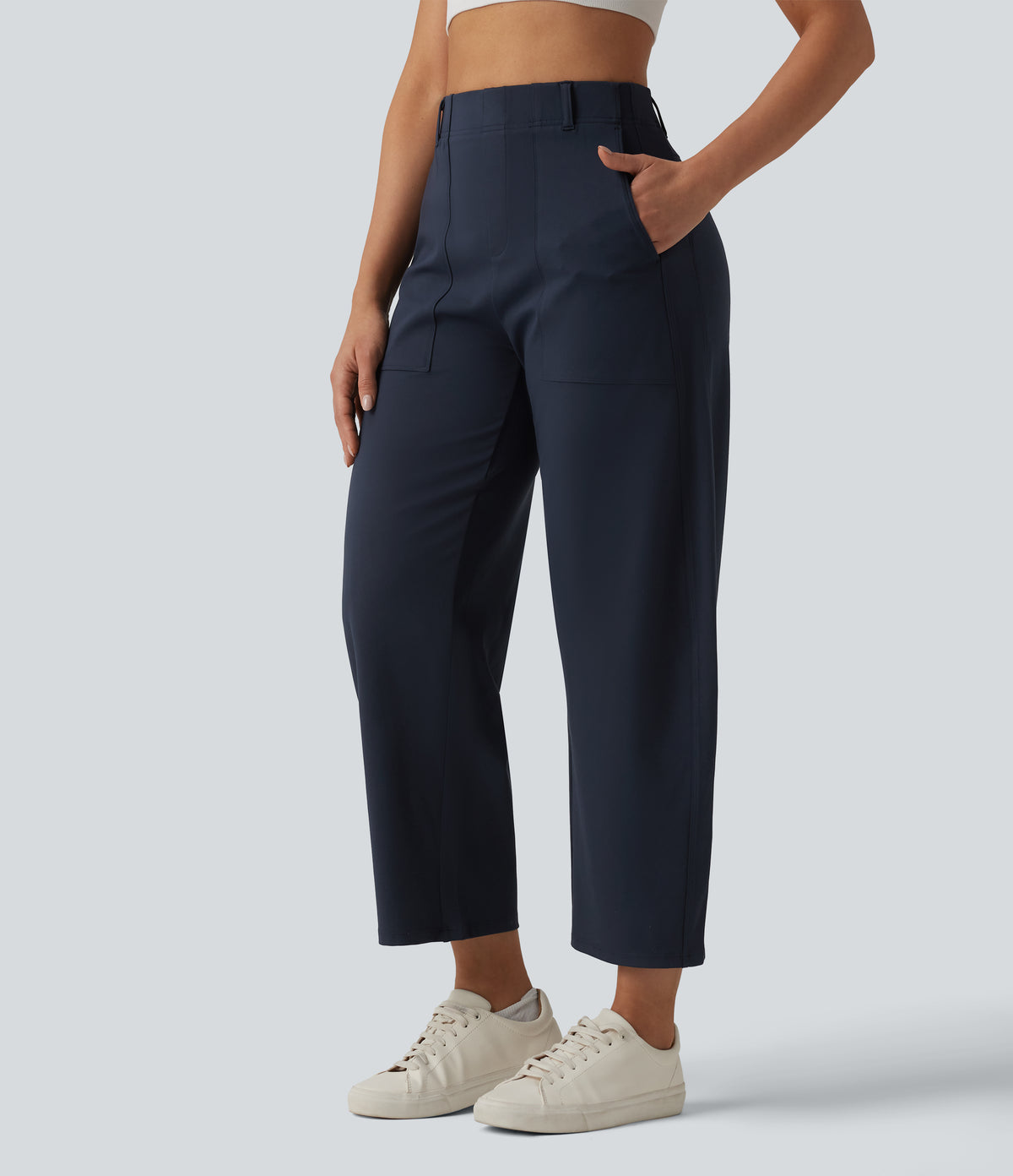 High Waisted Barrel Leg Casual Trousers with Pockets — Midnight Blue — view 3