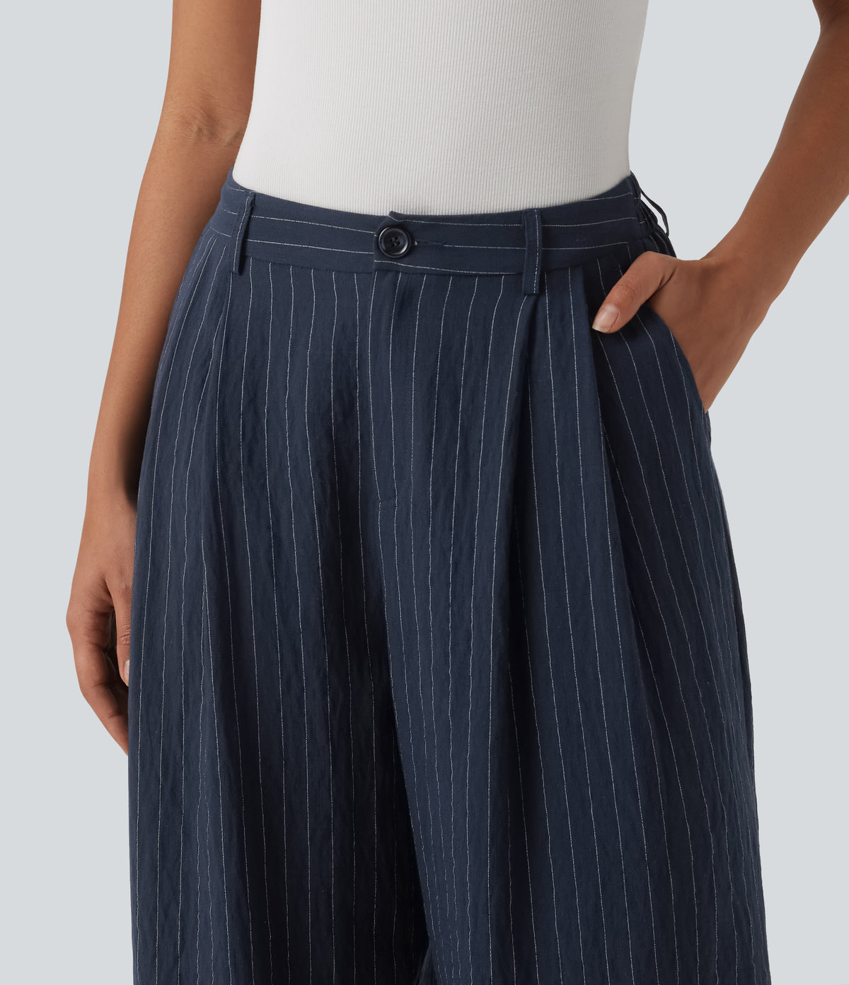 High Waisted Stripes Work Baggy Trousers with Pockets — Deep Blue Stripe — view 4