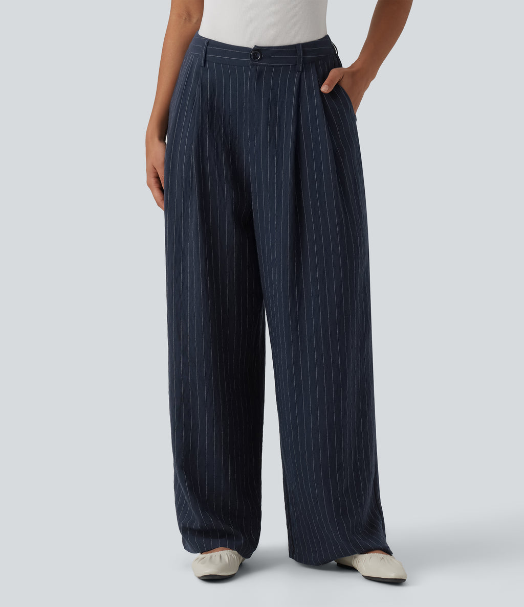 High Waisted Stripes Work Baggy Trousers with Pockets — Deep Blue Stripe — view 1