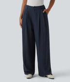 High Waisted Stripes Work Baggy Trousers with Pockets — Deep Blue Stripe — view 1