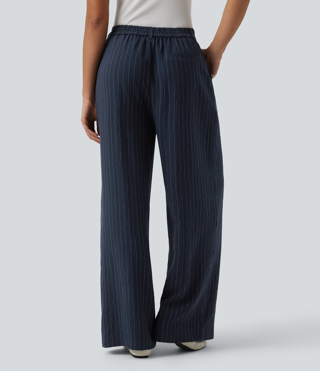 High Waisted Stripes Work Baggy Trousers with Pockets — Deep Blue Stripe — view 2