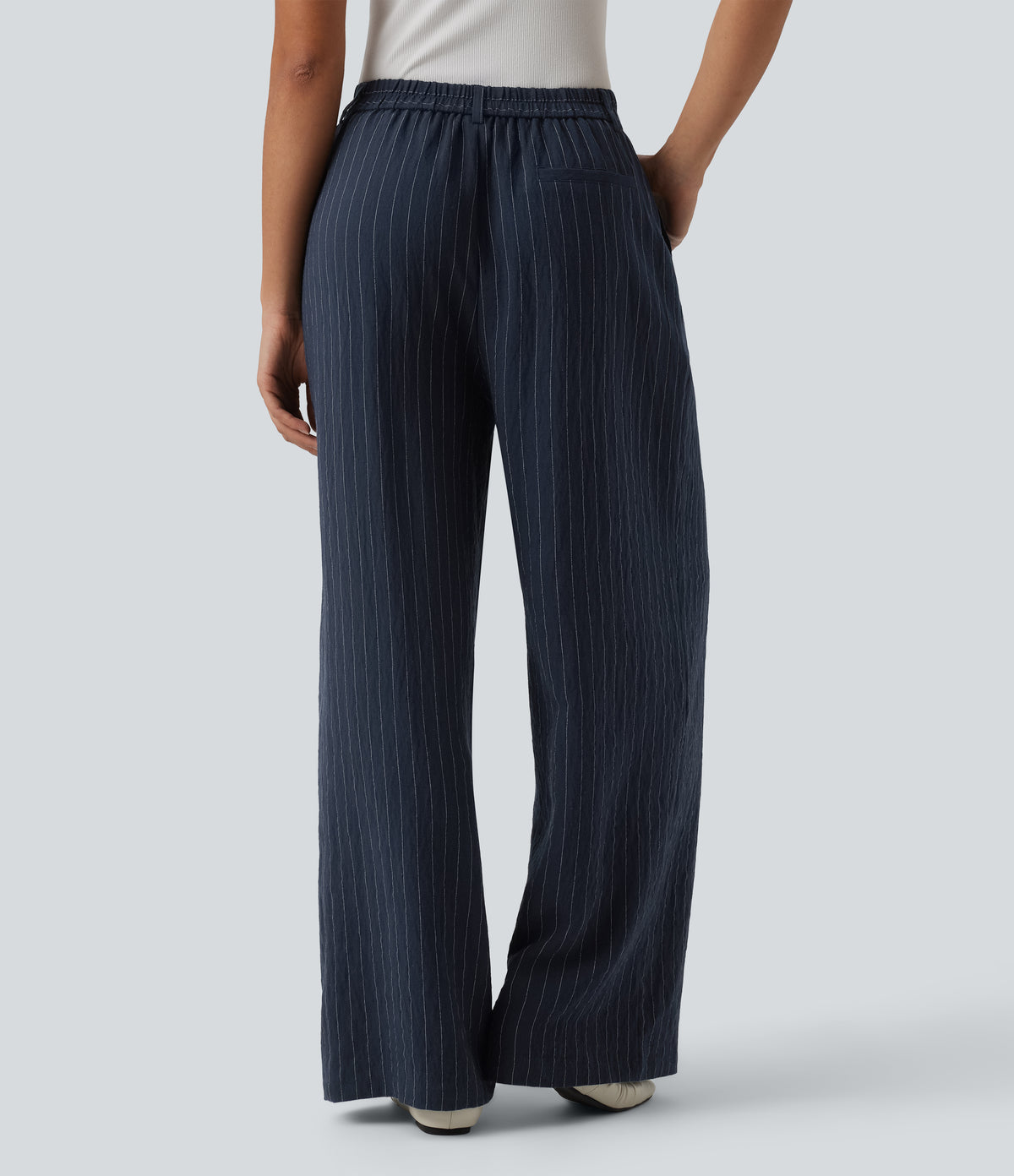 High Waisted Stripes Work Baggy Trousers with Pockets — Deep Blue Stripe — view 2