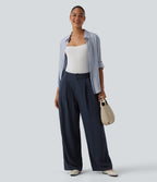 High Waisted Stripes Work Baggy Trousers with Pockets — Deep Blue Stripe — view 6