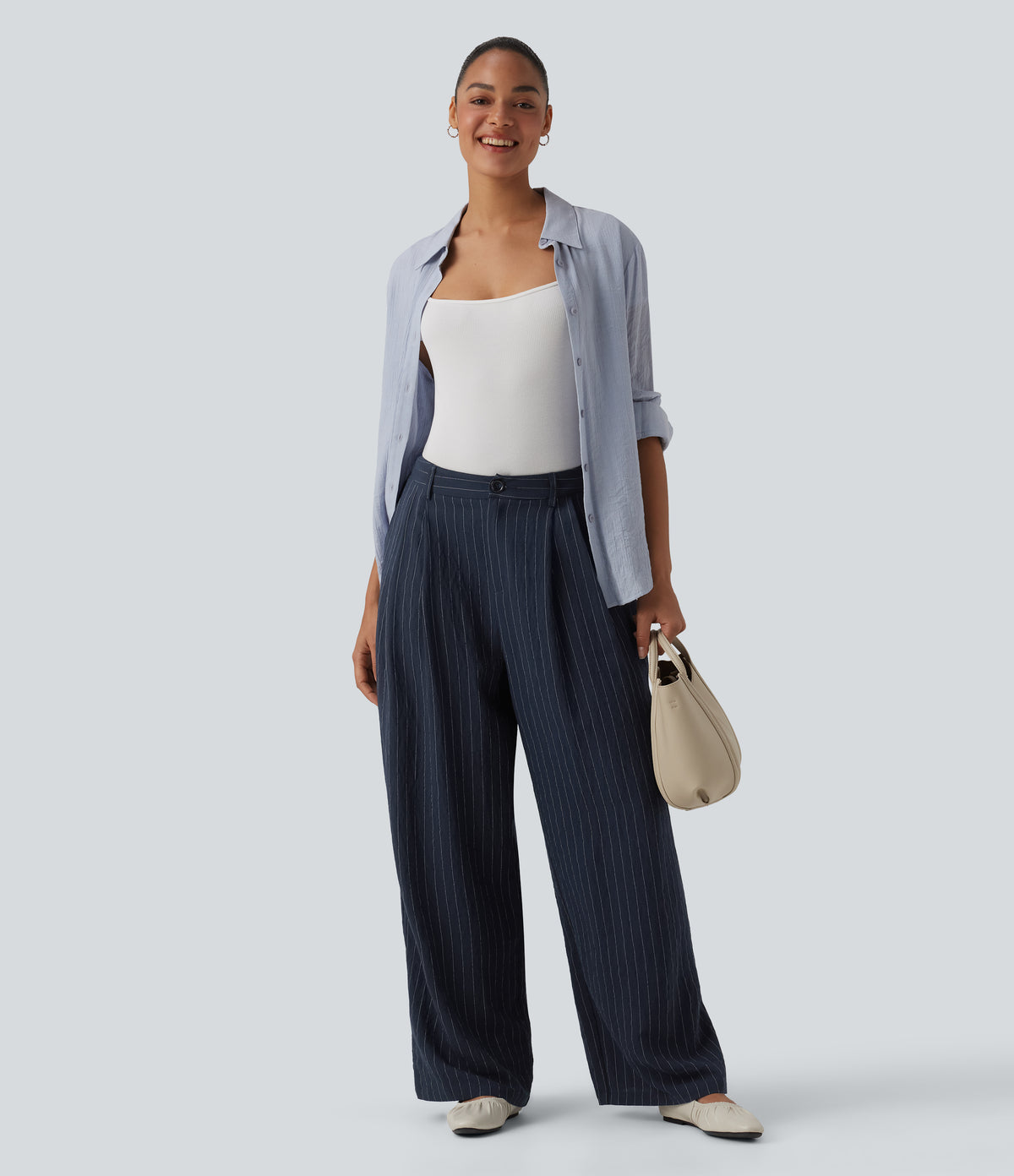 High Waisted Stripes Work Baggy Trousers with Pockets — Deep Blue Stripe — view 6