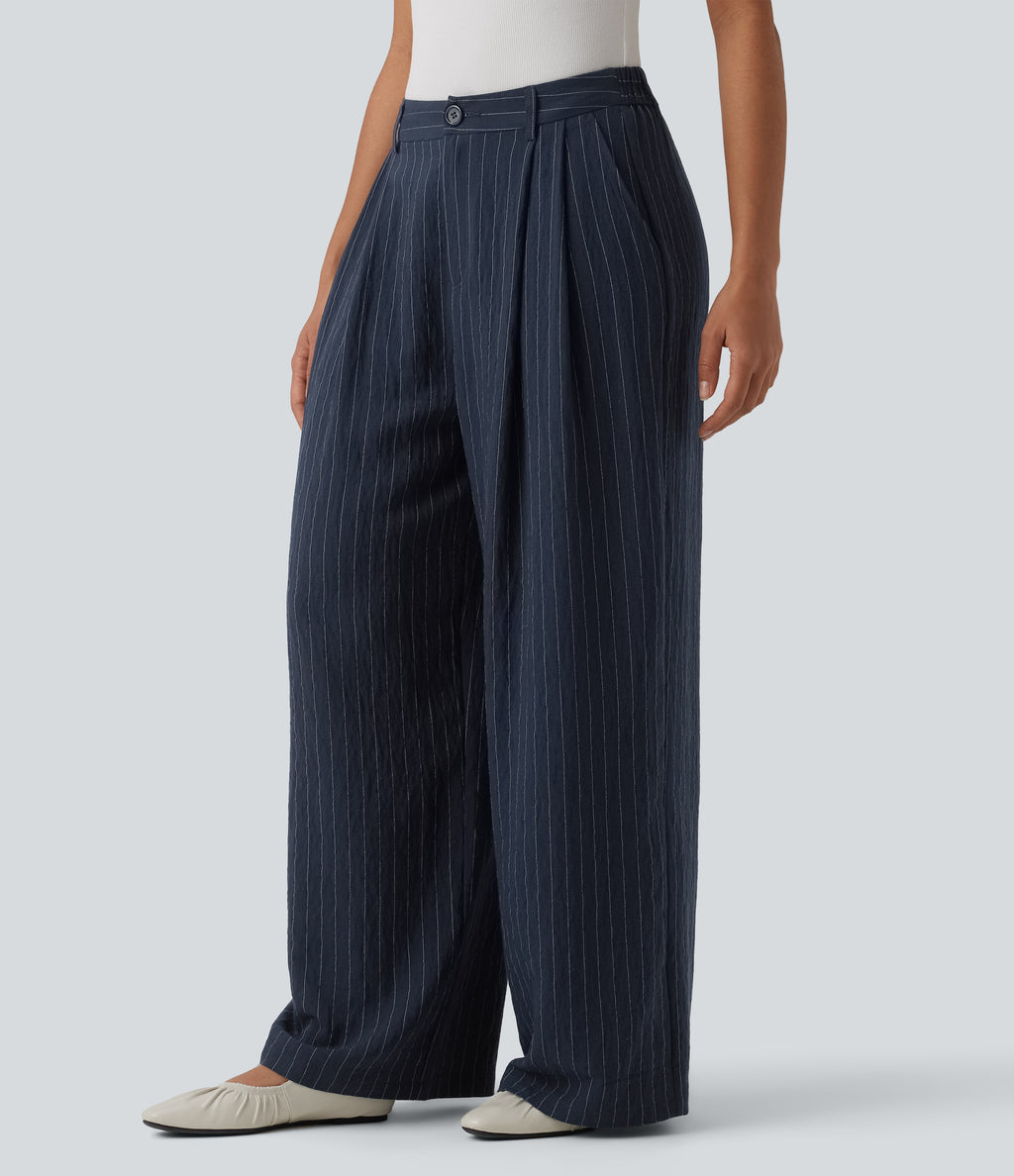 High Waisted Stripes Work Baggy Trousers with Pockets — Deep Blue Stripe — view 3