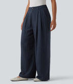 High Waisted Stripes Work Baggy Trousers with Pockets — Deep Blue Stripe — view 3