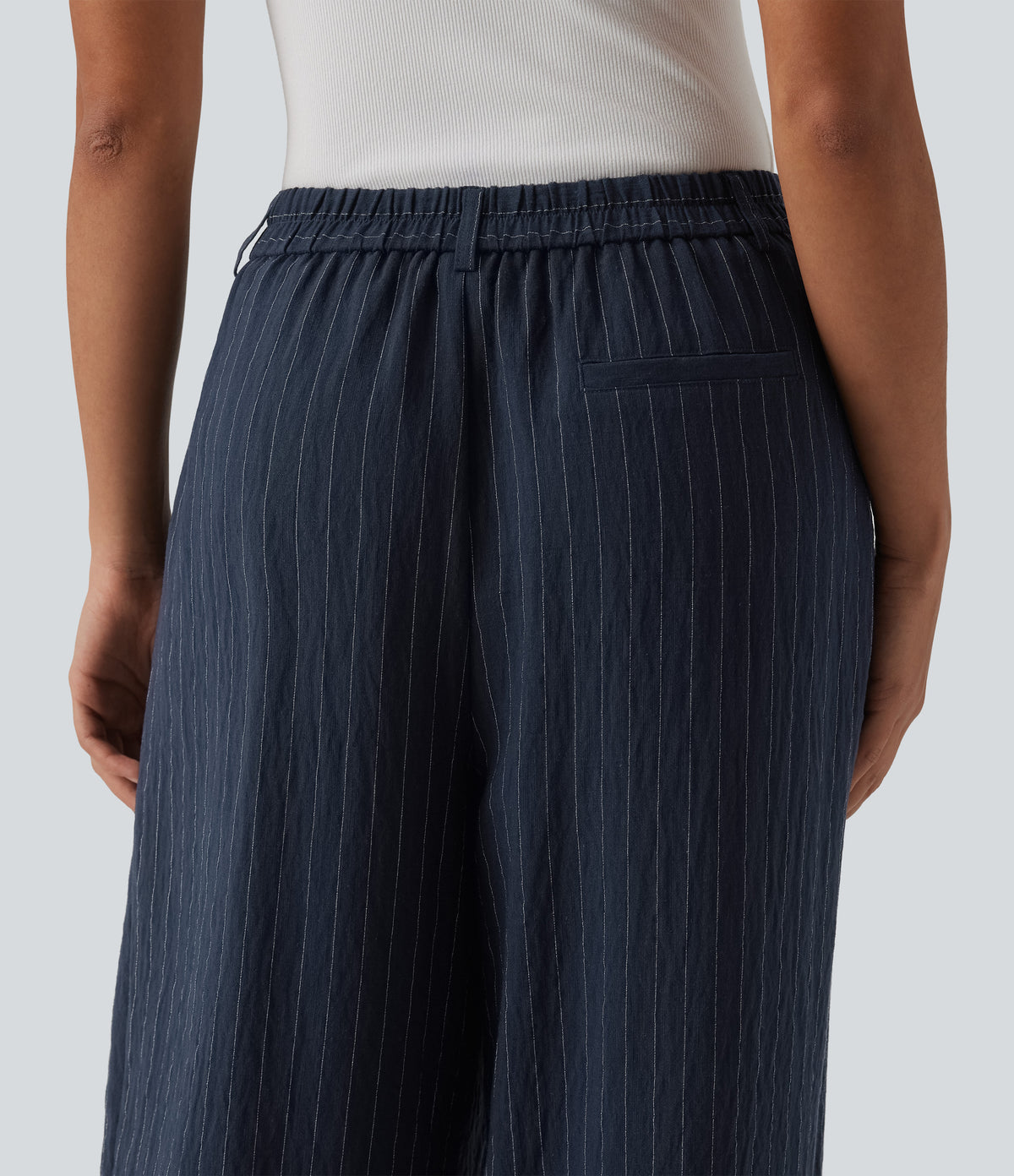 High Waisted Stripes Work Baggy Trousers with Pockets — Deep Blue Stripe — view 5