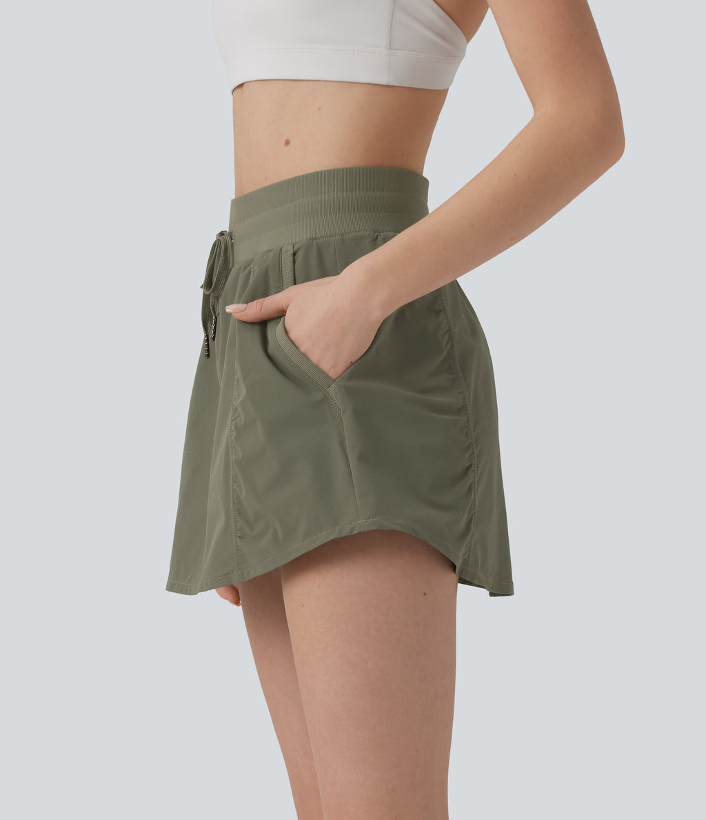 High Waisted Drawstring Mini 2-in-1 Workout A-line Skirt with Pockets — Dusty Olive — view 3