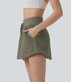 High Waisted Drawstring Mini 2-in-1 Workout A-line Skirt with Pockets — Dusty Olive — view 3