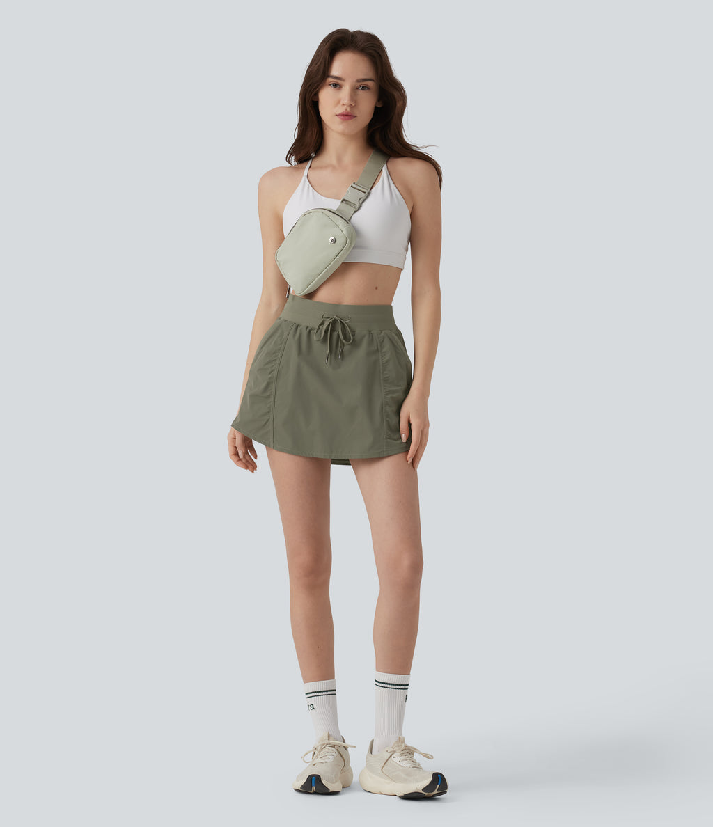 High Waisted Drawstring Mini 2-in-1 Workout A-line Skirt with Pockets — Dusty Olive — view 7