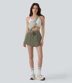 High Waisted Drawstring Mini 2-in-1 Workout A-line Skirt with Pockets — Dusty Olive — view 7