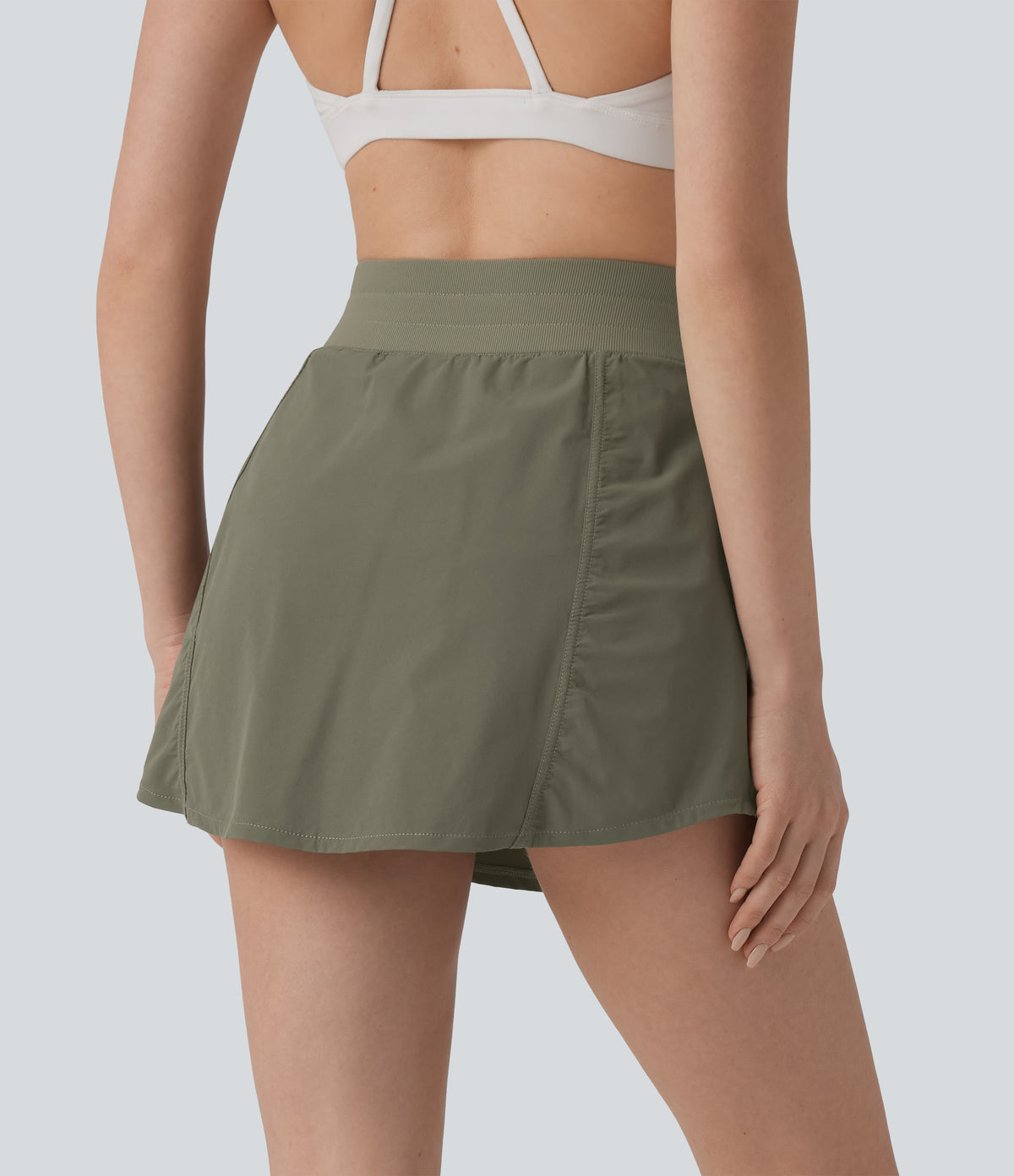 High Waisted Drawstring Mini 2-in-1 Workout A-line Skirt with Pockets — Dusty Olive — view 2