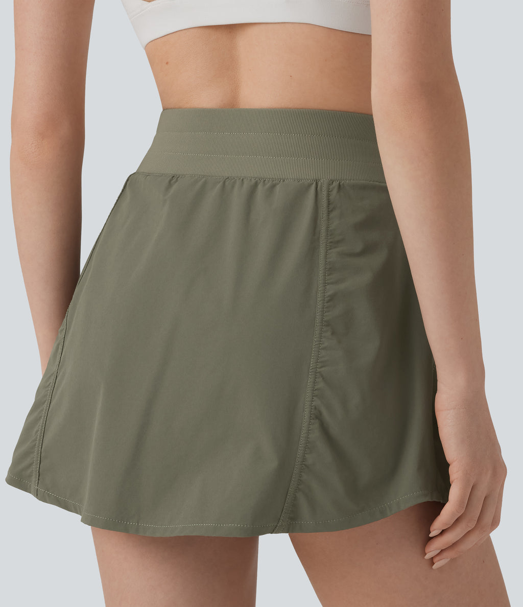 High Waisted Drawstring Mini 2-in-1 Workout A-line Skirt with Pockets — Dusty Olive — view 6