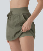 High Waisted Drawstring Mini 2-in-1 Workout A-line Skirt with Pockets — Dusty Olive — view 4