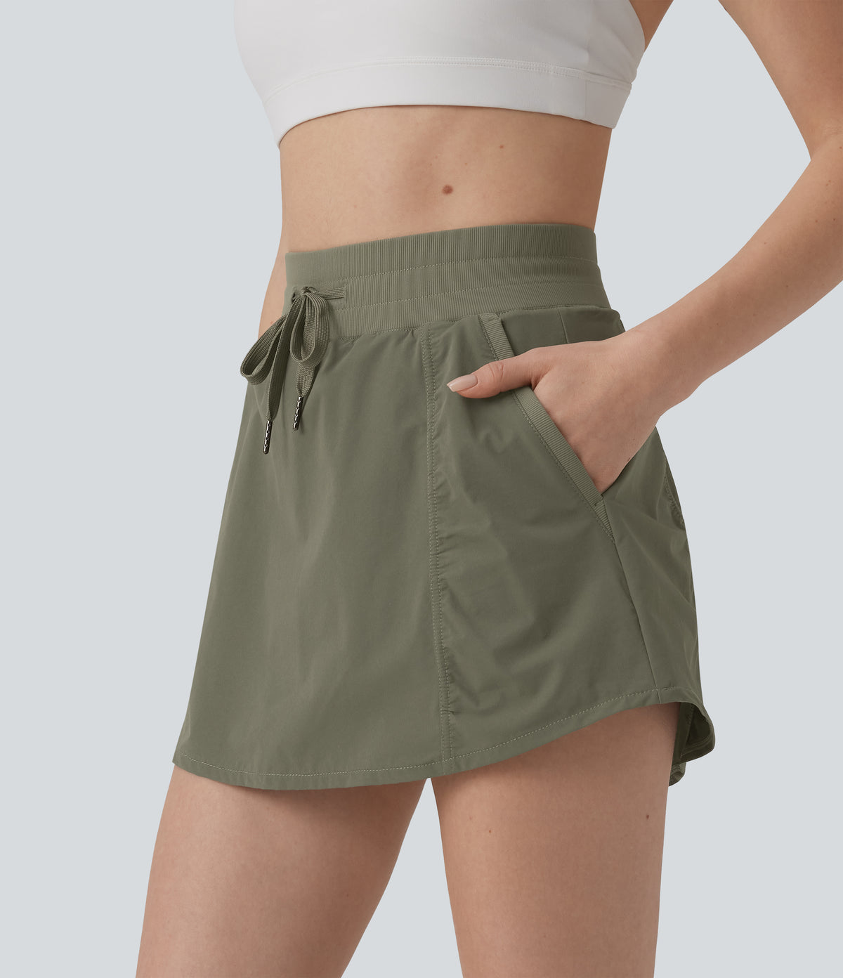 High Waisted Drawstring Mini 2-in-1 Workout A-line Skirt with Pockets — Dusty Olive — view 5