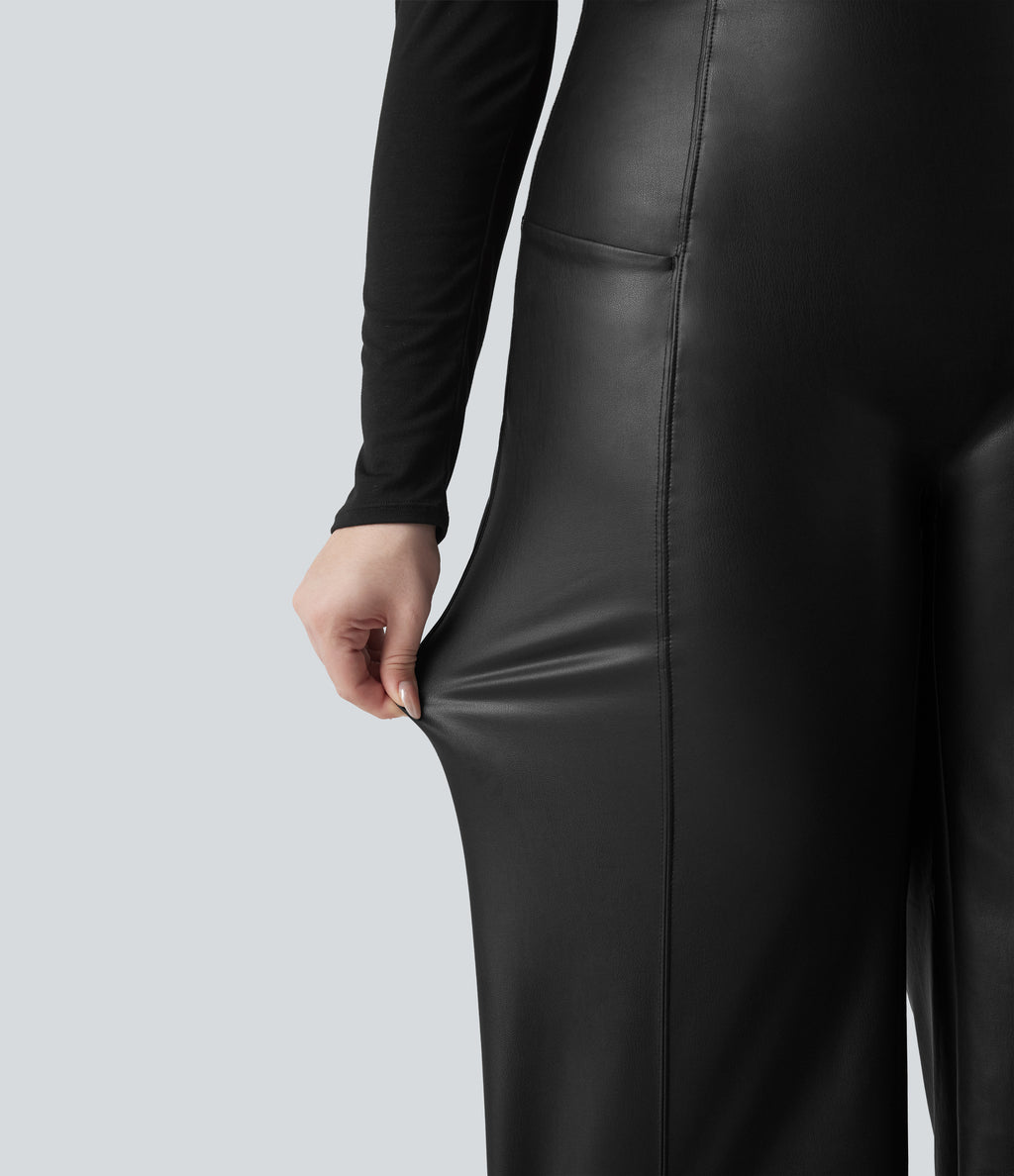 High Waisted Tummy Control Stretchy PU Fleece Casual Plus Size Flare Trousers with Pockets — Black — view 6