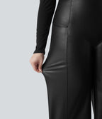 High Waisted Tummy Control Stretchy PU Fleece Casual Plus Size Flare Trousers with Pockets — Black — view 6