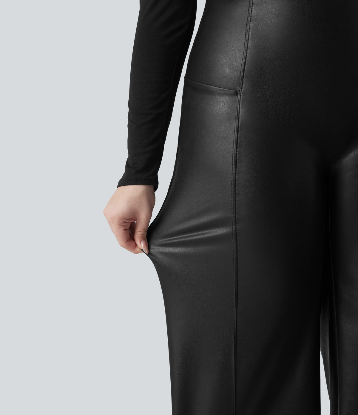 High Waisted Tummy Control Stretchy PU Fleece Casual Plus Size Flare Trousers with Pockets — Black — view 6